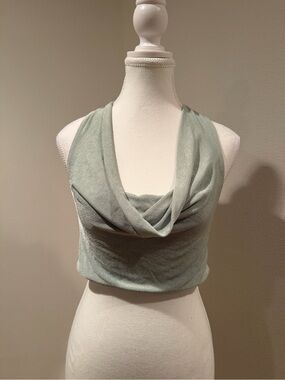 Sleeveless Draped Cowl Crop Top Tie in Back - Sage / Mint Green